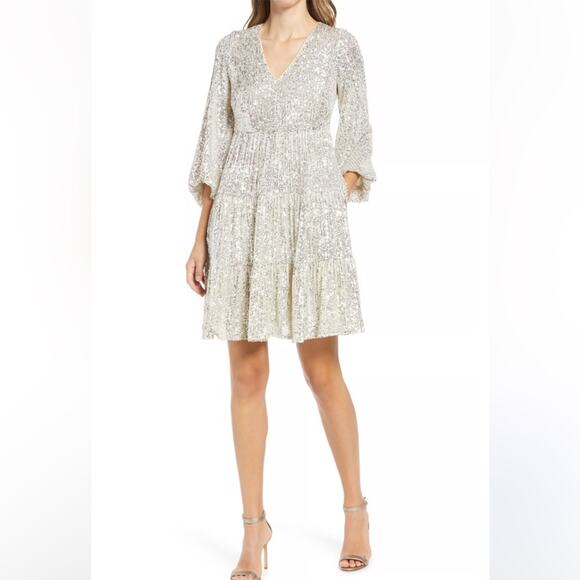 Eliza J Silver Sequin Tiered Fit and Flare Mini Dress Pockets Balloon Sleeves 4 - Picture 3 of 12